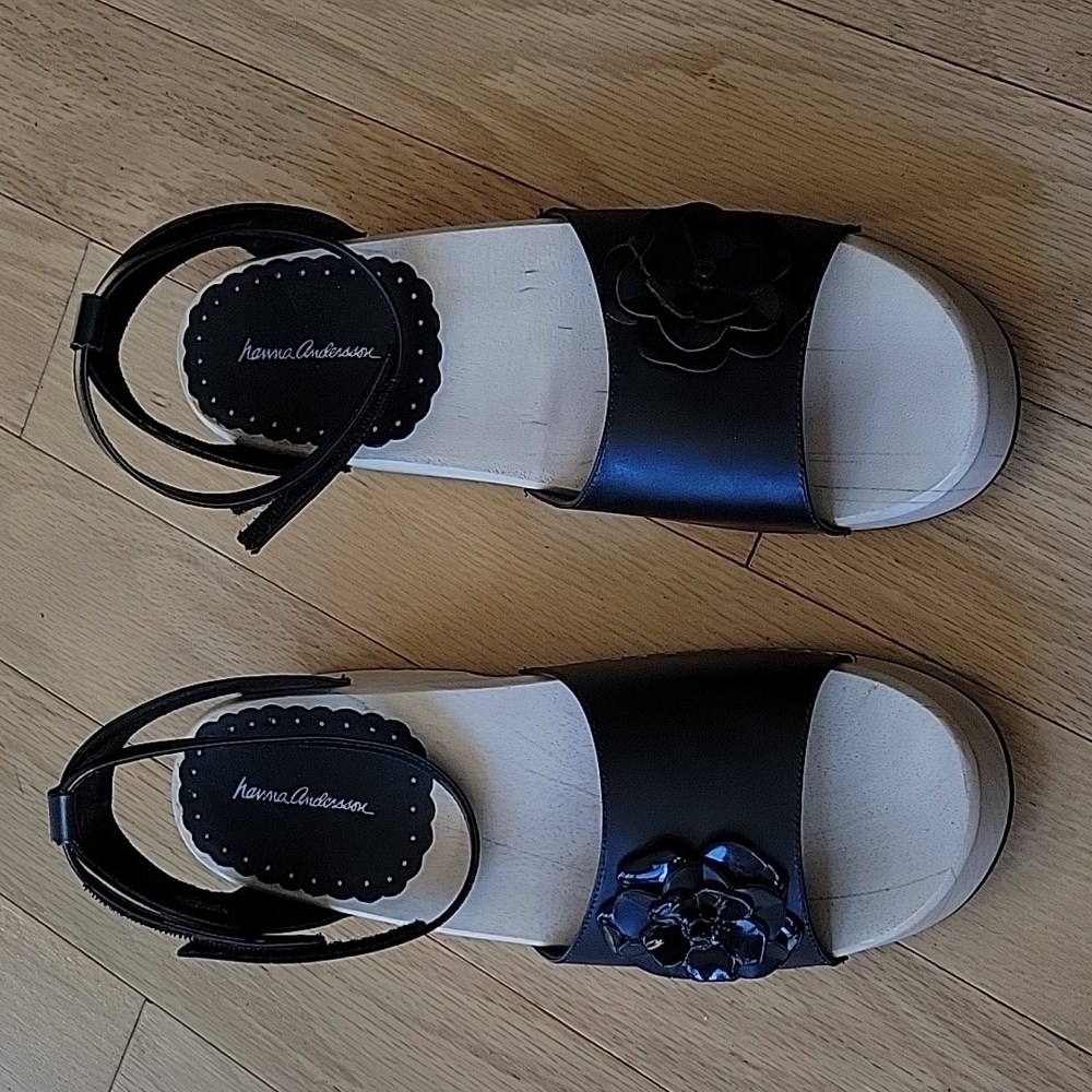 Hannah Anderson Strappy wooden clogs with flower detail